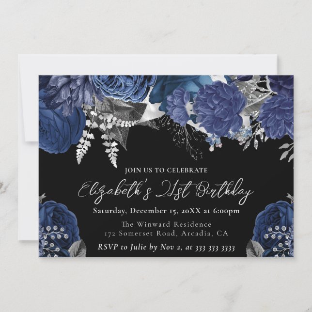 Invitación Rosas de agua naval y plata Cumpleaños 21 (Anverso)