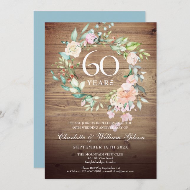 Invitación Rosas de Aniversario de Bodas de 60 años de Madera (Anverso / Reverso)