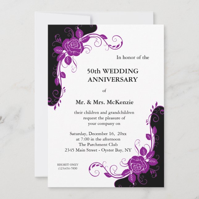 Invitación Rosas de aniversario (púrpura) (Anverso)