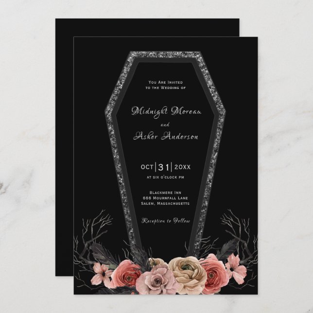 Invitación Rosas de ataúd Boda de Halloween gótico (Anverso / Reverso)