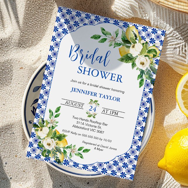 Invitación Rosas de azulejos azules mediterráneos ducha de no (Blue Mediterranean Tile Bridal Shower Invitations template, Mediterranean Shower Invitation, Lemon)