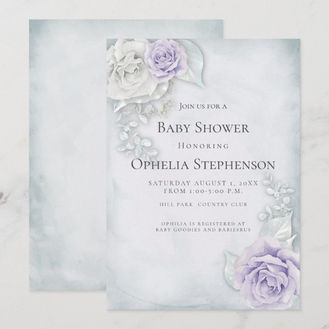Invitación Rosas de Baby Shower Pale Blue Lilac (Anverso / Reverso)