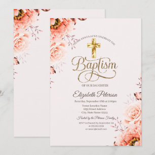 Invitación Rosas de Bautizo Pink Cruz de Oro con Estilo