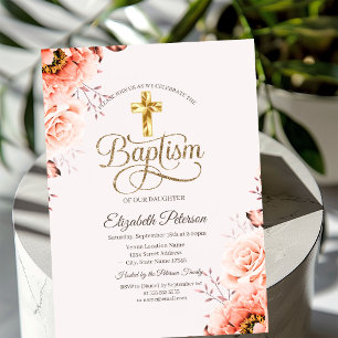 Invitación Rosas de Bautizo Pink Cruz de Oro con Estilo