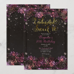 Invitación Rosas de Bayas Encantadas Doradas Fiesta Dulces 16
