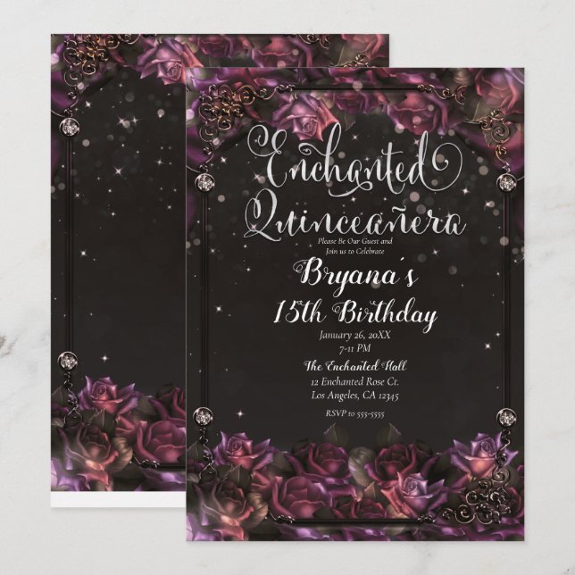 Invitación Rosas de Bayas Encantadas Floral Oscuro Quinceañer (Anverso / Reverso)