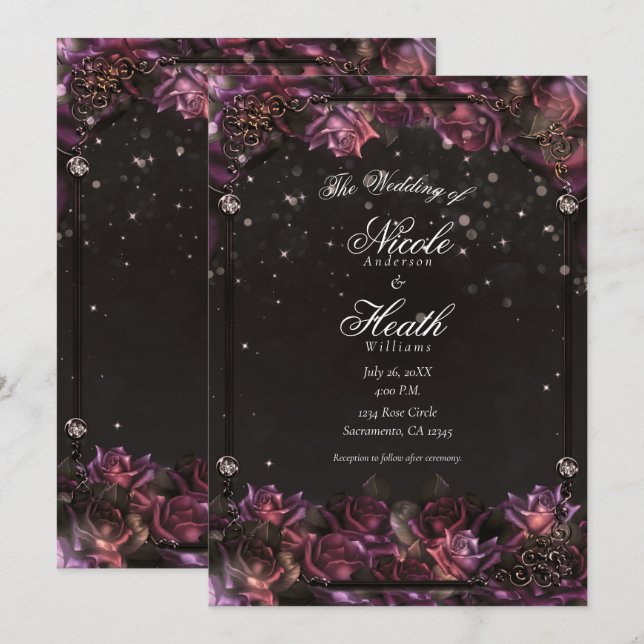 Invitación Rosas de Berry encantados Boda de Flores Oscuras (Anverso / Reverso)