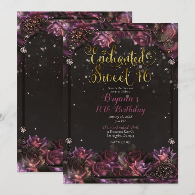 Invitación Rosas de Berry encantados Floral Gold Sweet 16 Fie (Anverso / Reverso)