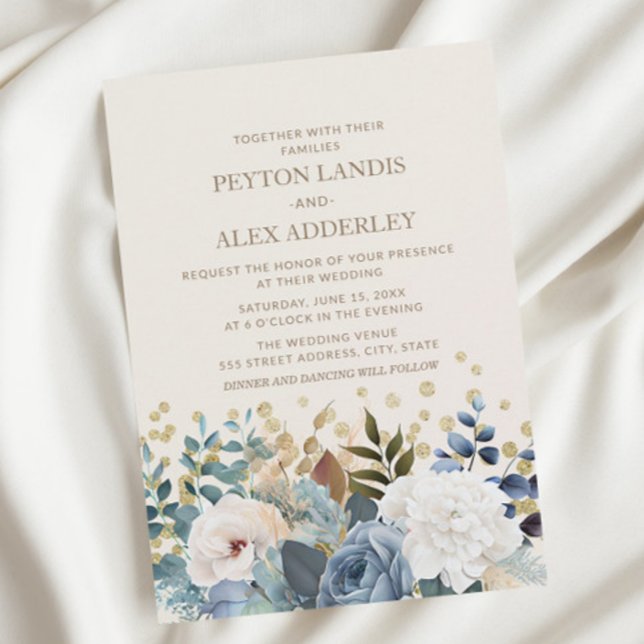 Invitación Rosas de Blue White Peonies con Boda Floral Gold (Subido por el creador)