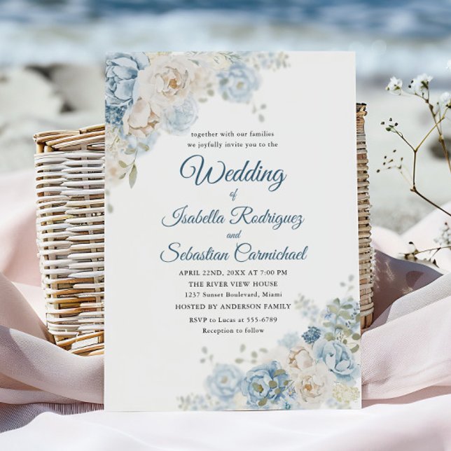 Invitación Rosas de boda botánicas azul polvoriento acuarela (Subido por el creador)
