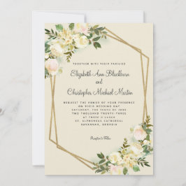 Invitación Rosas de Boda Elegantes Florales Geométricas Dorad