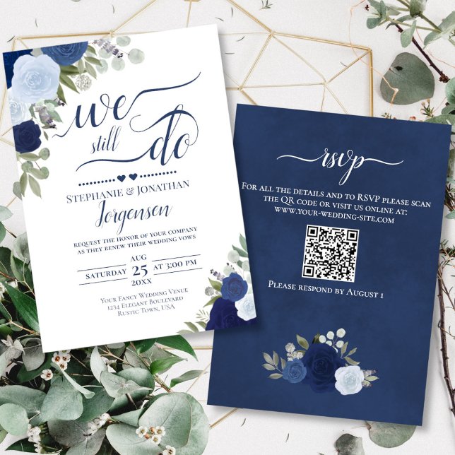 Invitación Rosas De Boho Azules Aún Vemos Renovar El Código Q (Front/Back)