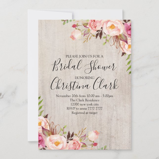 Invitación Rosas de Boho Floral Rustic Wood (Anverso)