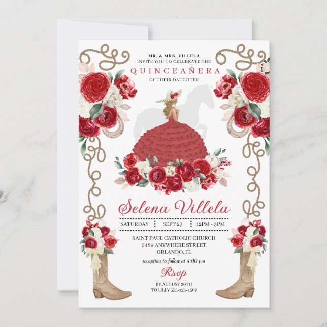 Invitación Rosas de Boots Florales Rojos en Quinceañera Occid (Anverso)