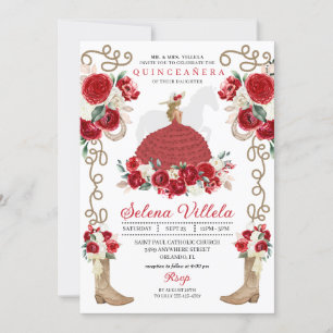 Invitación Rosas de Boots Florales Rojos en Quinceañera Occid