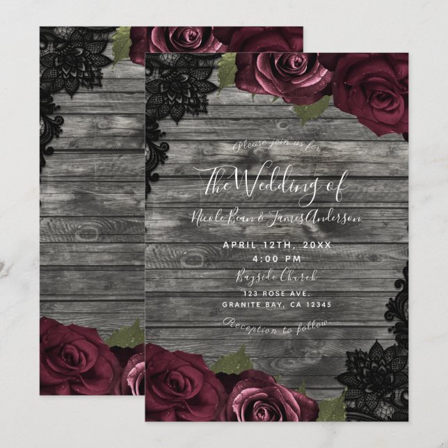 Invitación Rosas de Borgoña Boda de encaje negro de madera gr (Anverso / Reverso)