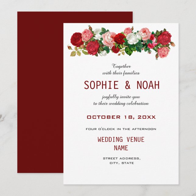 Invitación Rosas de Borgoña Boda Flor de Garland (Anverso / Reverso)