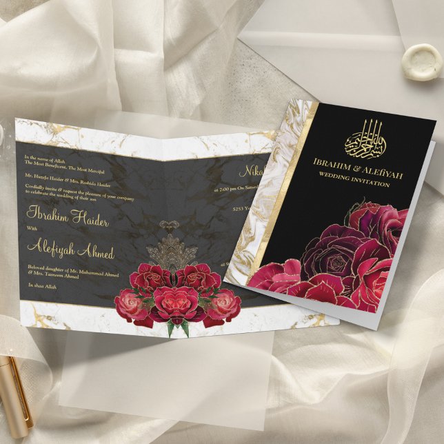 Invitación Rosas de Borgoña Boda musulmana de oro negro (Subido por el creador)