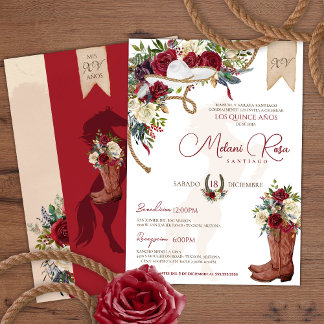 Invitación Rosas de Borgoña Charro Occidental Quinceañera Esp