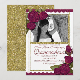 Invitación Rosas de Borgoña con Brillo Fiesta de Cumpleaños Q
