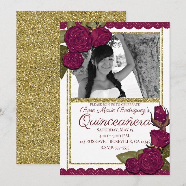 Invitación Rosas de Borgoña con Brillo Fiesta de Cumpleaños Q (Anverso / Reverso)