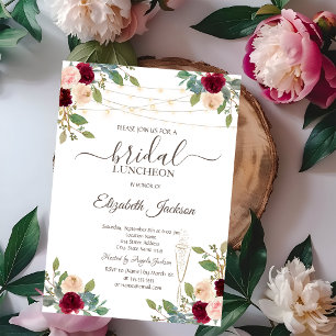 Invitación Rosas de Borgoña, copa de vino, luces almuerzo de