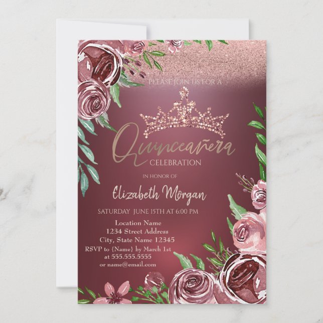Invitación Rosas de Borgoña, Corona Bokeh Quinceañera  (Anverso)
