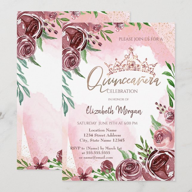 Invitación Rosas de Borgoña Coronan Quinceañera (Anverso / Reverso)