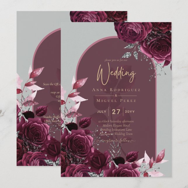 Invitación Rosas de Borgoña  de oro Boda de texto de oro (Anverso / Reverso)