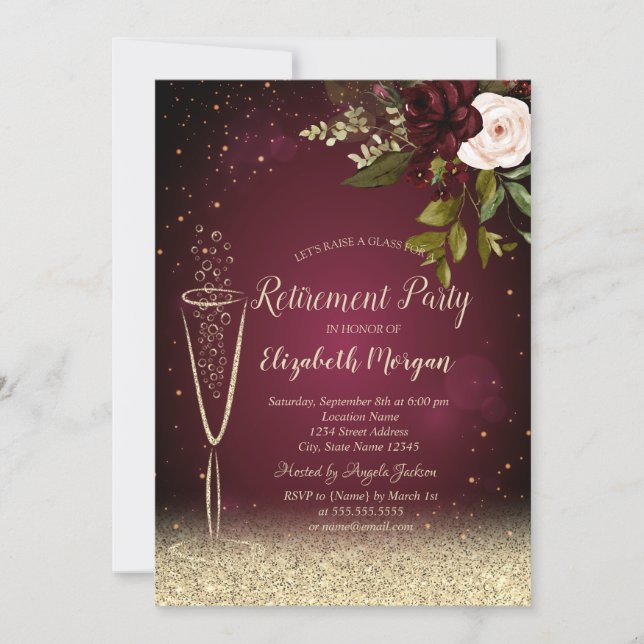 Invitación Rosas de Borgoña de Oro Copa de Champán Jubilación (Anverso)