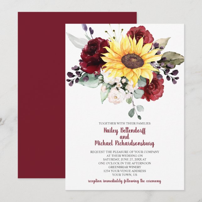Invitación Rosas de Borgoña del Sunflower Boda de la vegetaci (Anverso / Reverso)
