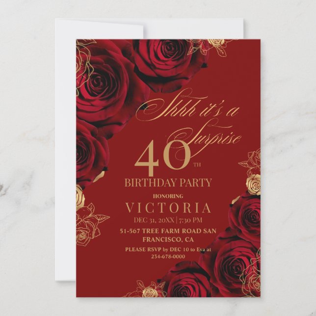 Invitación Rosas de Borgoña Dorado Sorprenden 40 años (Anverso)
