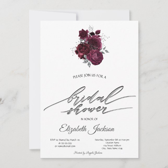 Invitación Rosas de Borgoña Ducha Bridal (Anverso)