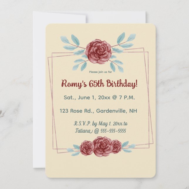 Invitación Rosas de Borgoña Editables en un Doble Marco Dorad (Anverso)