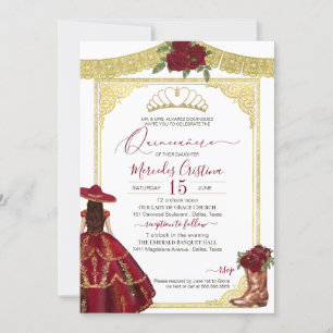 Invitación Rosas de Borgoña Elegante Charro Occidental Quince