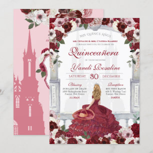 Invitación Rosas de Borgoña Elegante Charro Princesa Quinceañ