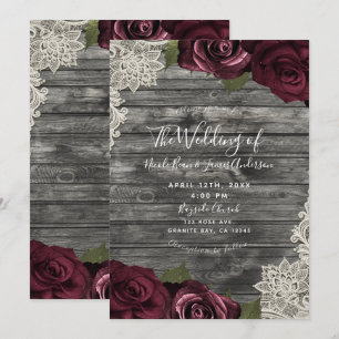 Invitación Rosas de Borgoña Encaje Gris Madera Crema Boda