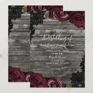 Invitación Rosas de Borgoña Encaje Negro Madera Gris Boda