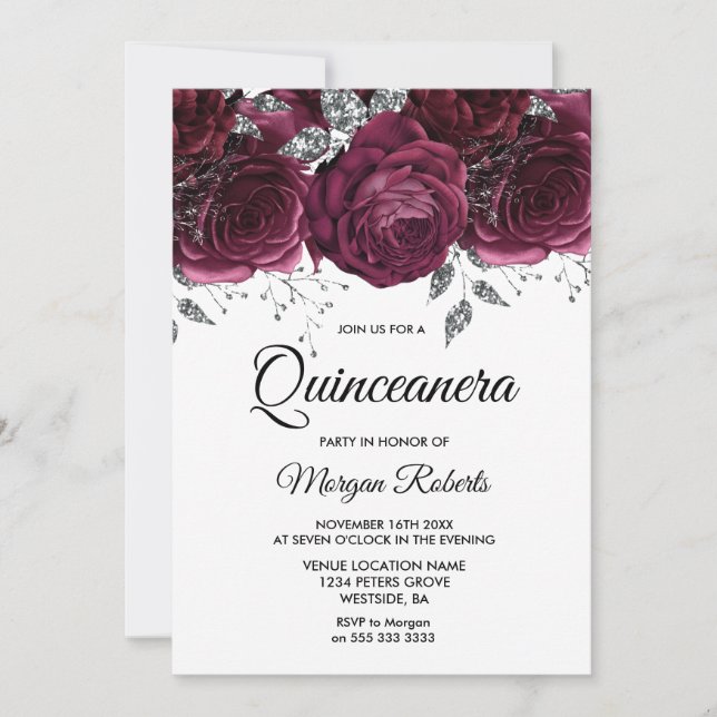 Invitación Rosas de Borgoña Fiesta de Quinceanera floral plat (Anverso)