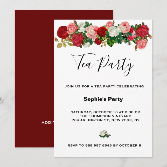 Invitación Rosas de Borgoña Floral Garland Fiesta de té (Anverso / Reverso)