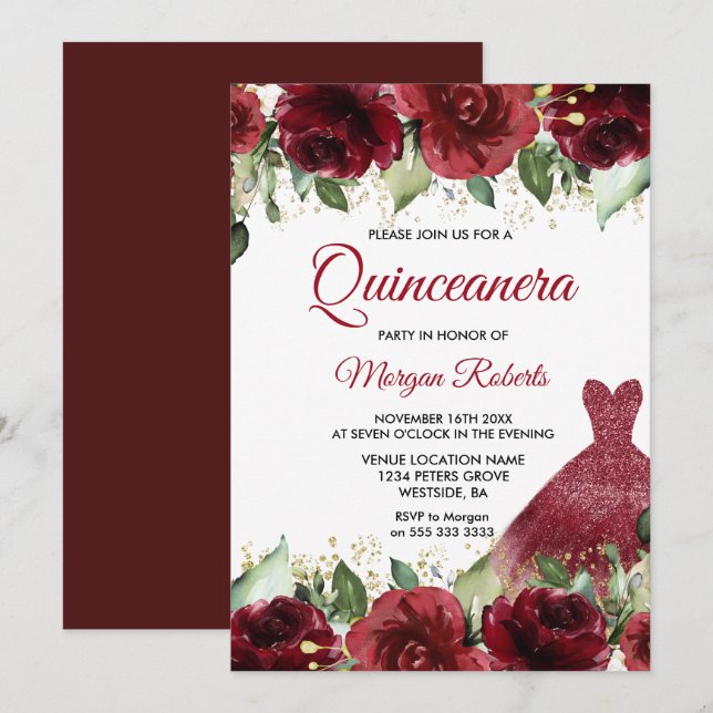 Invitación Rosas de Borgoña Floral Gown Quinceanera Fiesta (Anverso / Reverso)