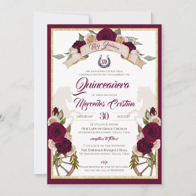 Invitación Rosas de Borgoña Floral Occidental Charro Quincean (Anverso)