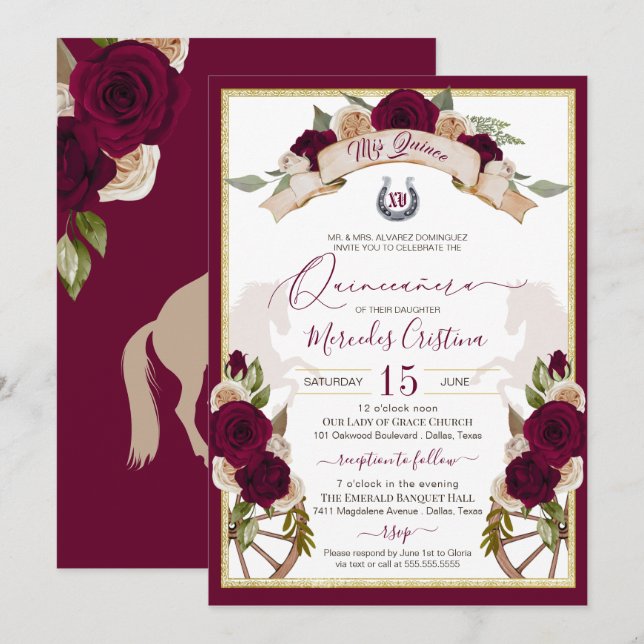Invitación Rosas de Borgoña Floral Occidental Charro Quincean (Anverso / Reverso)