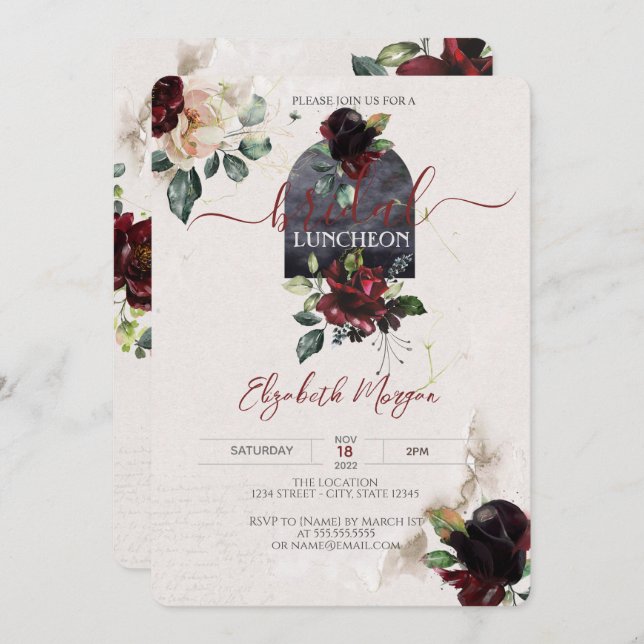 Invitación Rosas de Borgoña Flores Luncheon de novia (Anverso / Reverso)