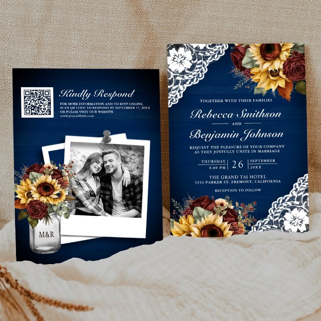Invitación Rosas de Borgoña Girasol de Encaje Azul Código QR  (Subido por el creador)