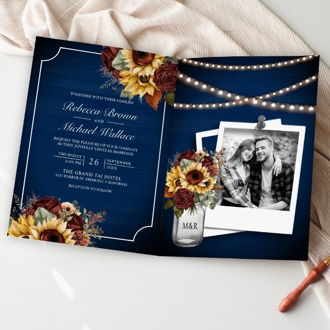 Invitación Rosas de Borgoña Girasoles Código QR Azul Marino B (Subido por el creador)