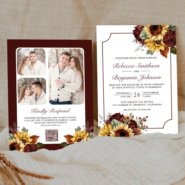 Invitación Rosas de Borgoña girasoles foto Boda de código QR (Subido por el creador)