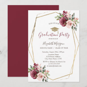 Invitación Rosas de Borgoña, Gorra de Graduación, Graduación 