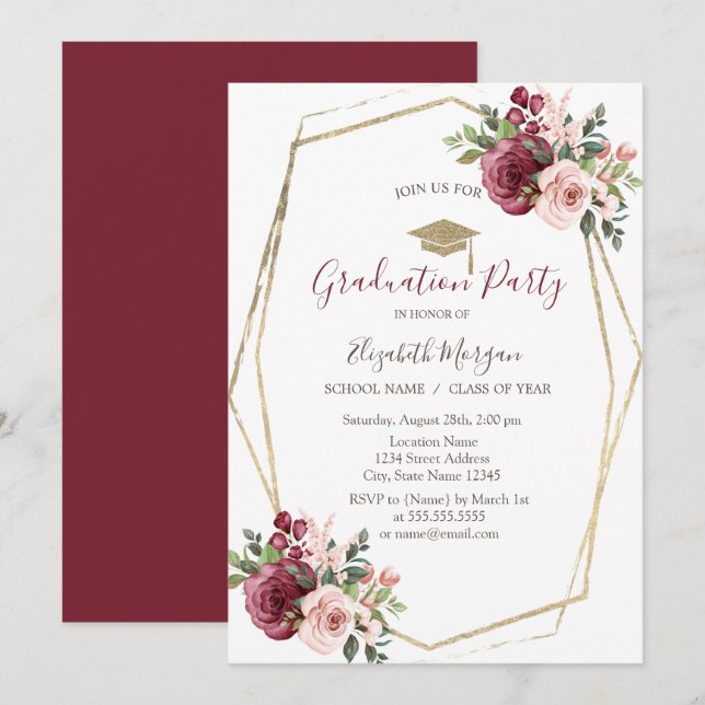 Invitación Rosas de Borgoña, Grad Cap, Graduación (Anverso / Reverso)