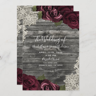 Invitación Rosas de Borgoña Gray Wood Cream Lace Boda